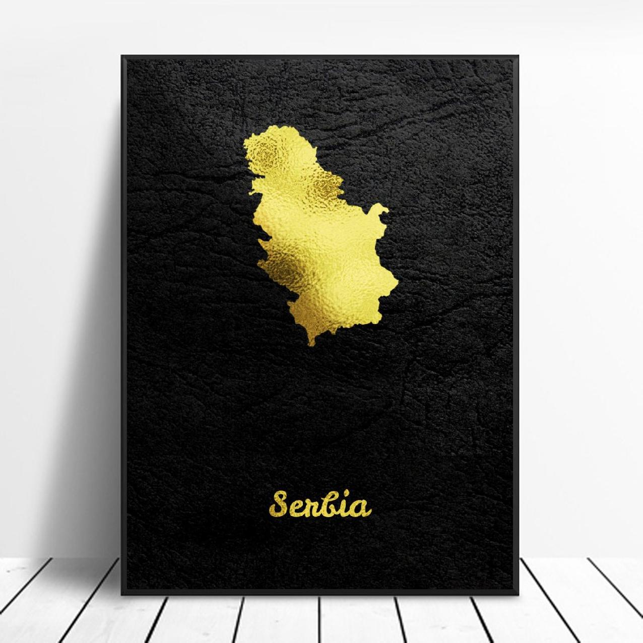 Serbia Golden Map Canvas Painting Modern Poster