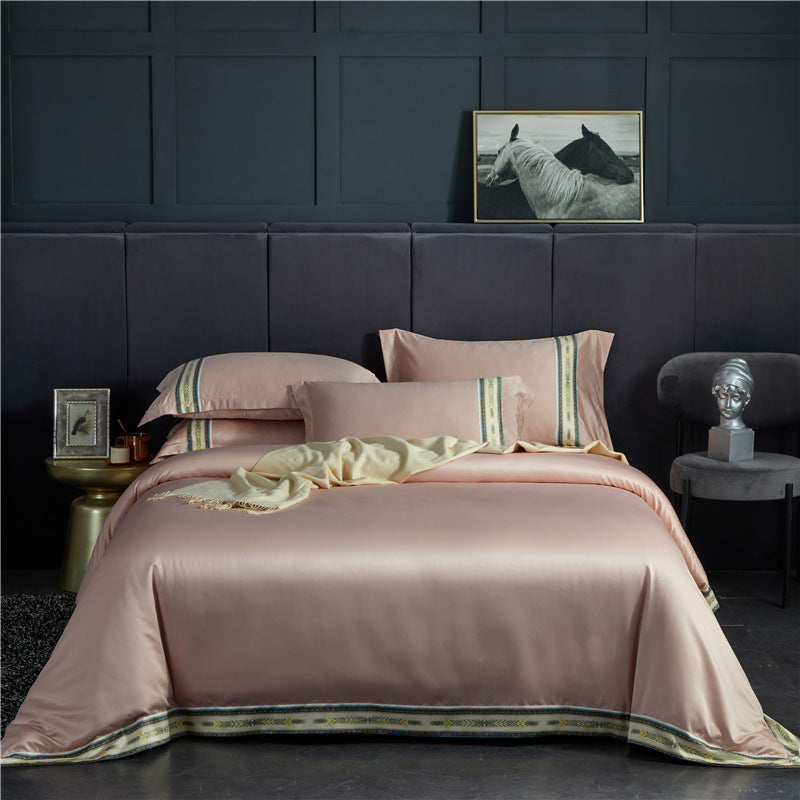 Four-piece Set Of Washed Silk Satin Striped Sheets, Solid Color Ice Silk Jane Ou Silk Slippery Bed Linen