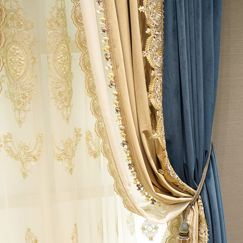 Light Luxury Stitching Dark Blue Velvet Cloth Bedroom Water-soluble Embroidered Curtain