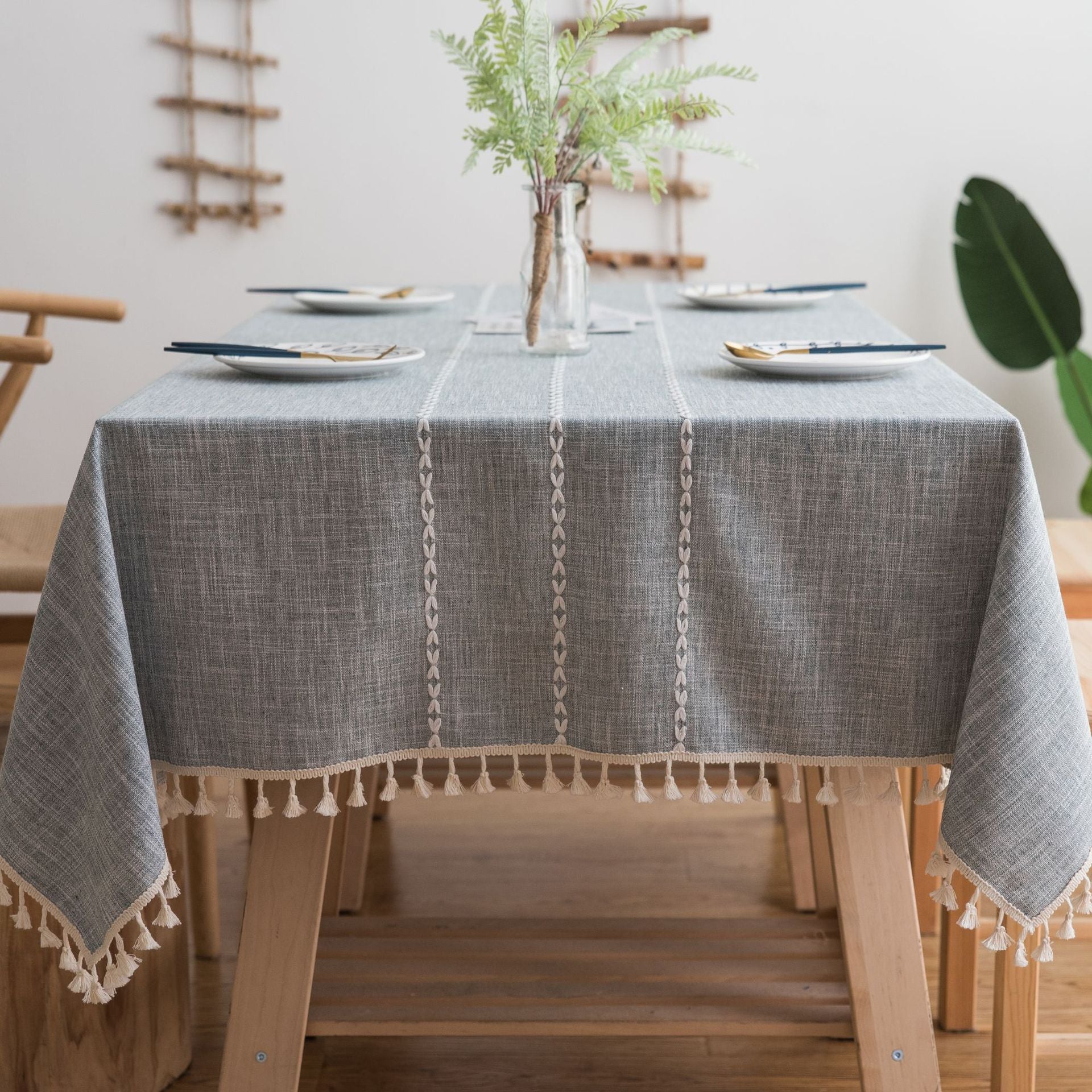 Striped Fabric Dining Room Cotton Linen Embroidered Tassel Tablecloth
