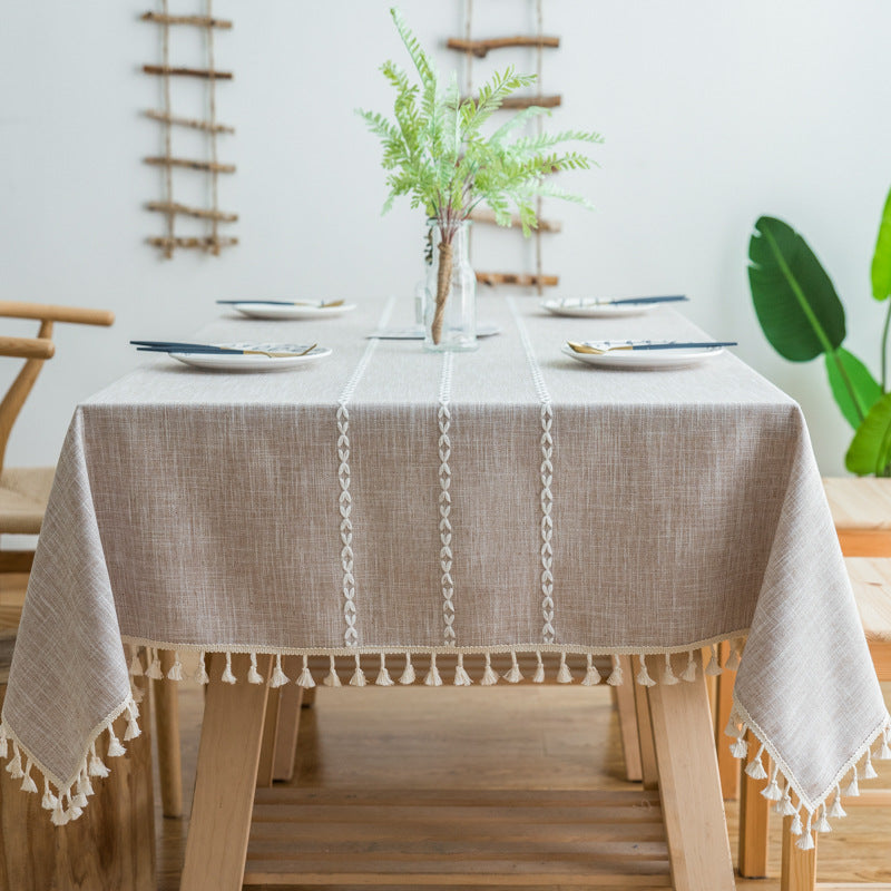 Striped Fabric Dining Room Cotton Linen Embroidered Tassel Tablecloth
