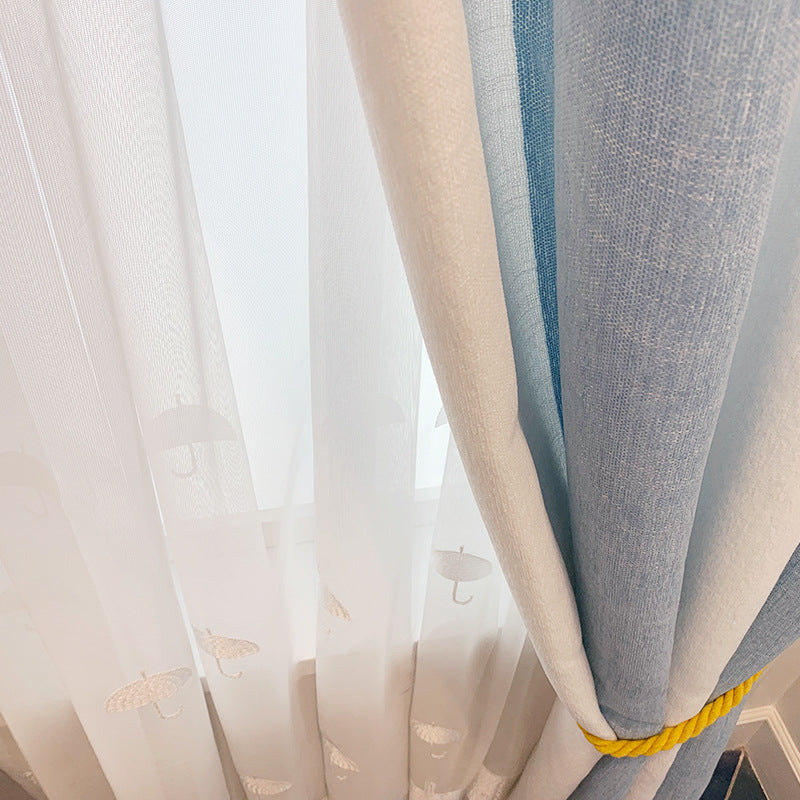 Simple Light Luxury Children's Room Cloud Yarn Blue And White Striped Cloth Chenille Curtain