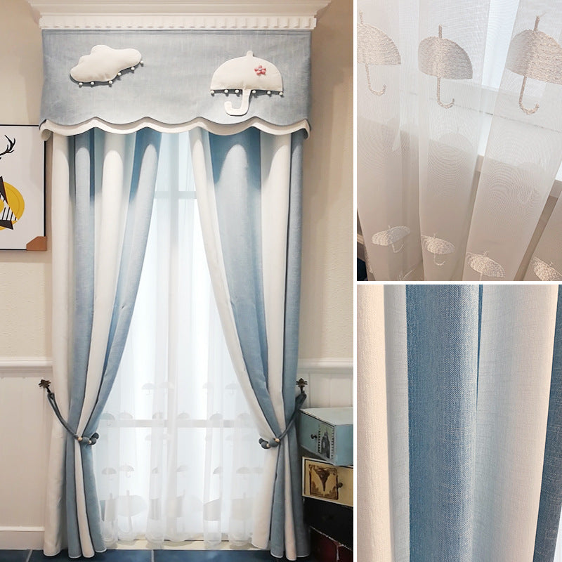 Simple Light Luxury Children's Room Cloud Yarn Blue And White Striped Cloth Chenille Curtain